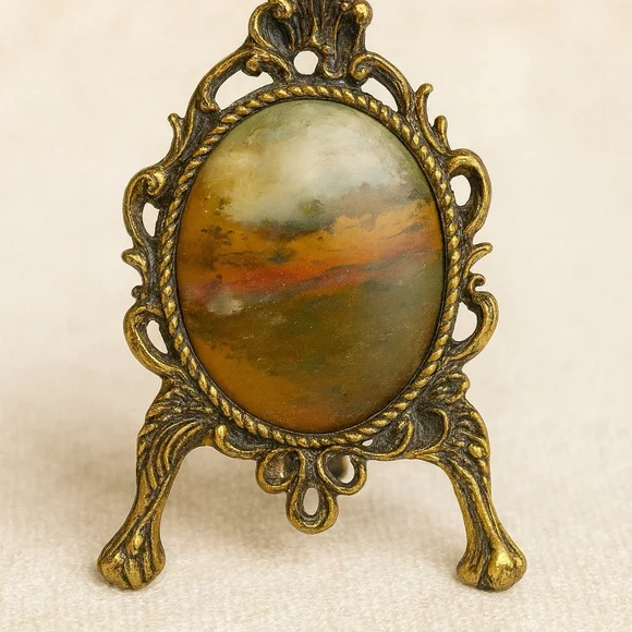Antique Edwardian Landscape Agate Miniature Frame | Solid Brass Ormolu Easel - Picture 2 of 8